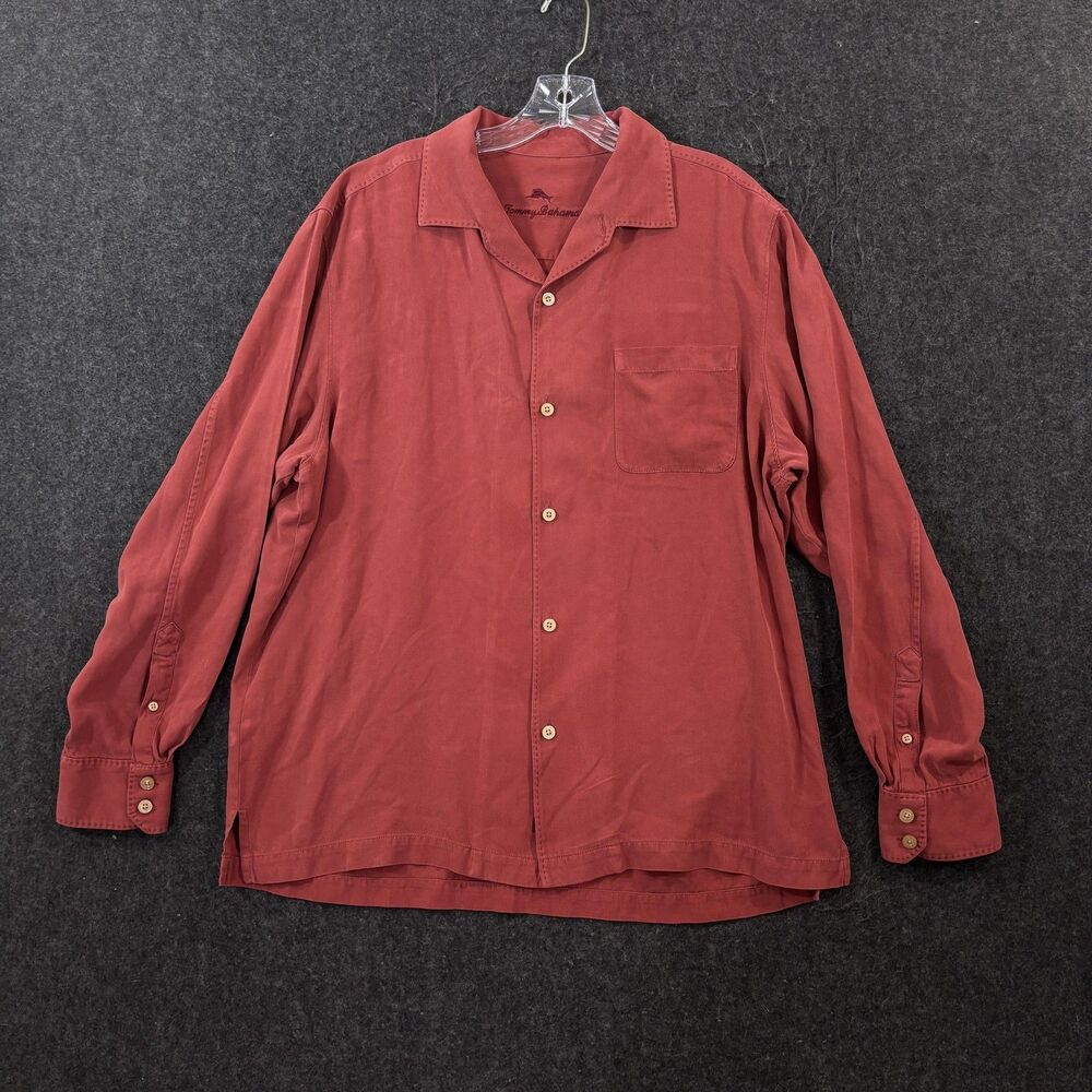Tommy Bahama Camp Shirt Men's Large Red 100% Silk Pocket Casual Beach